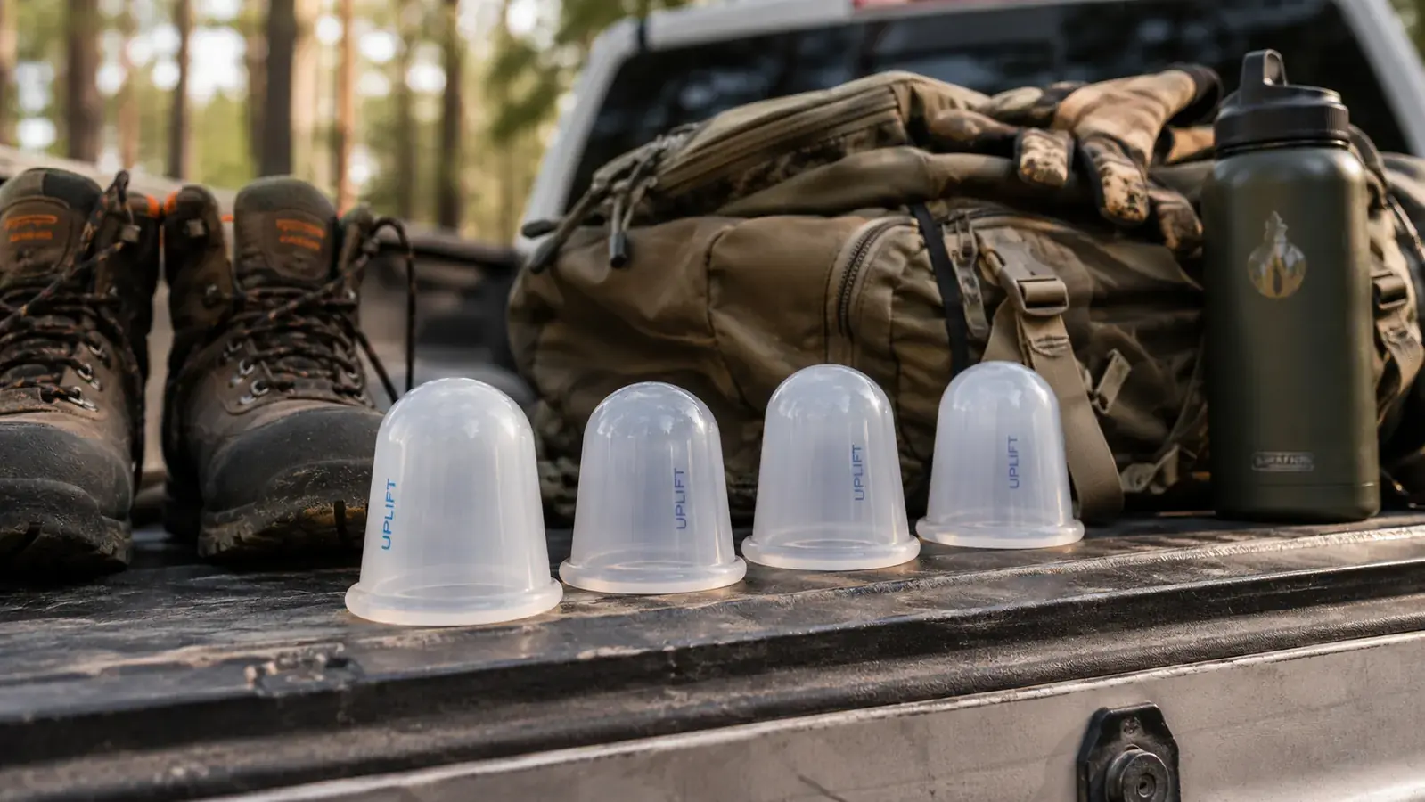 Silicone cupping set laid out on a truck tailgate next to a hunting pack and water bottle