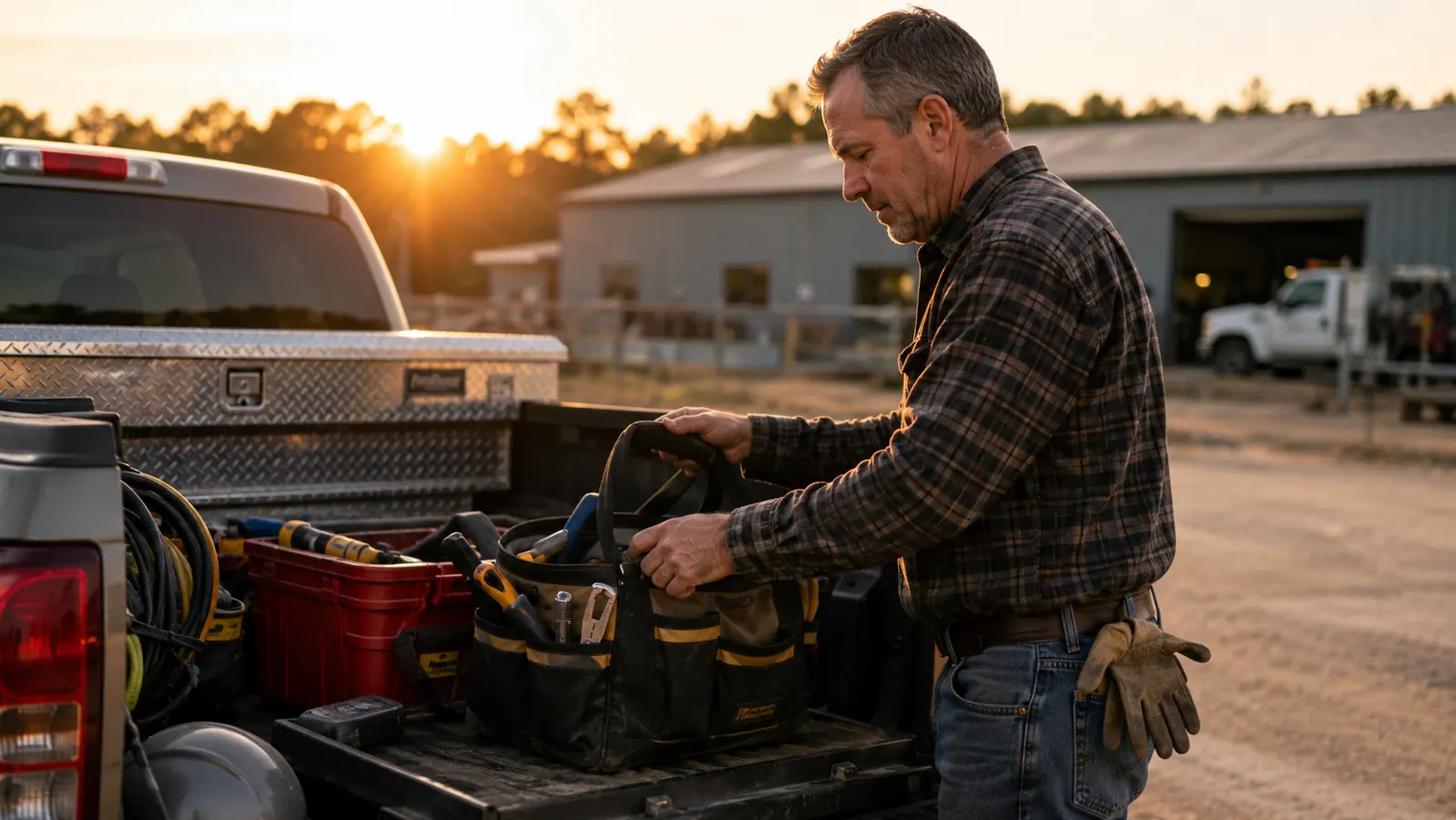 Man loading a truck at a job site early in the morning, looking rested