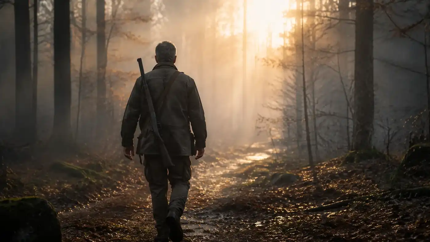 Man walking into the woods at first light carrying a rifle, moving easily without a limp