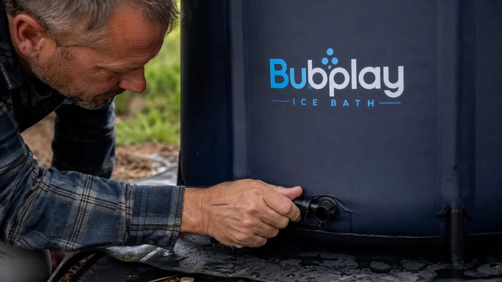 Hand checking the drain valve and gasket at the base of the Bubplay tub