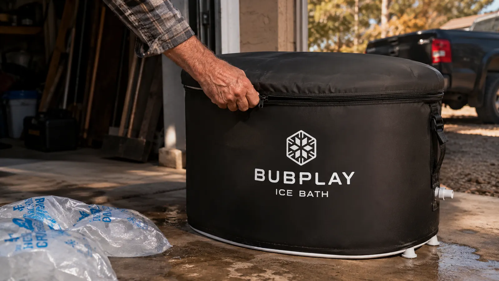 Close-up of a hand zipping the thermal cover onto the Bubplay ice bath tub after adding bags of ice