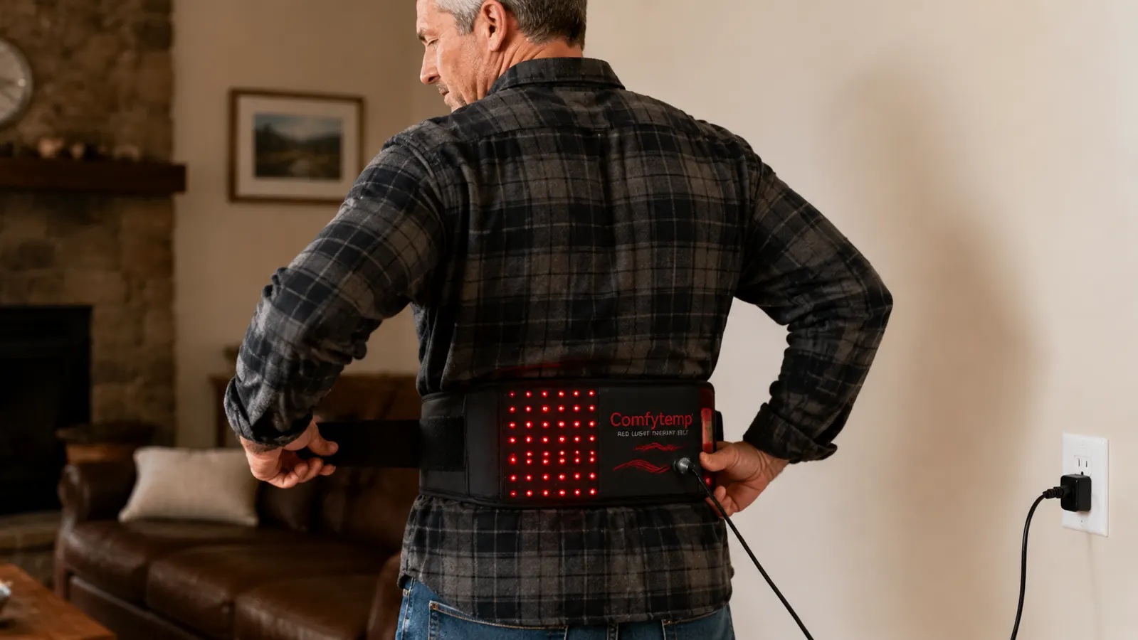 Hands strapping the Comfytemp red light belt around a lower back over a t-shirt