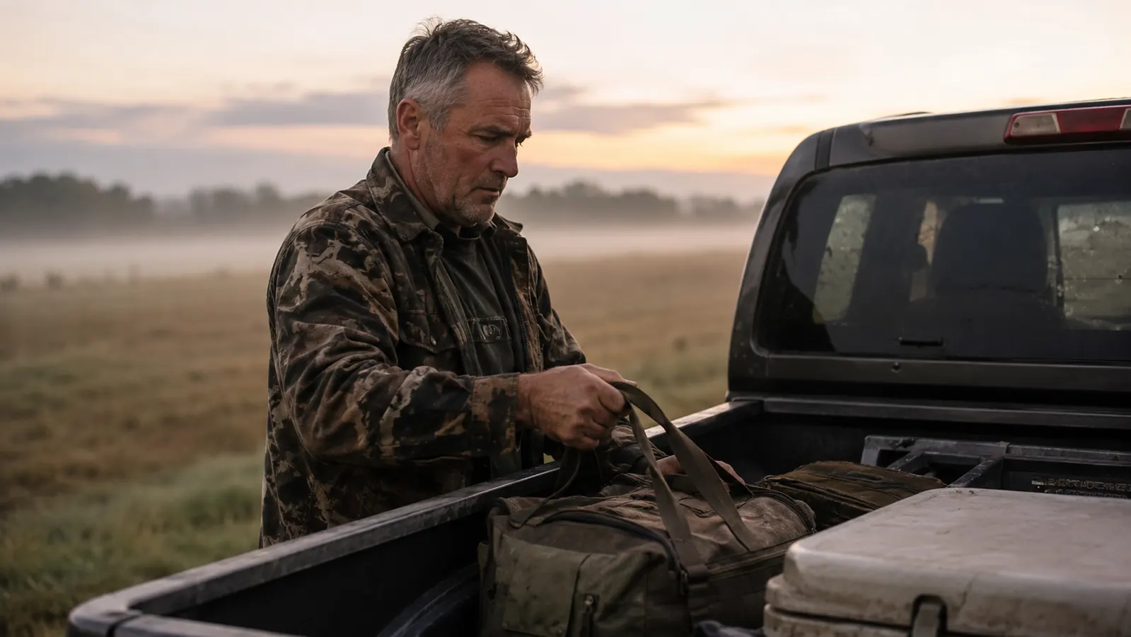 Man loading a deer stand into a truck bed at dawn