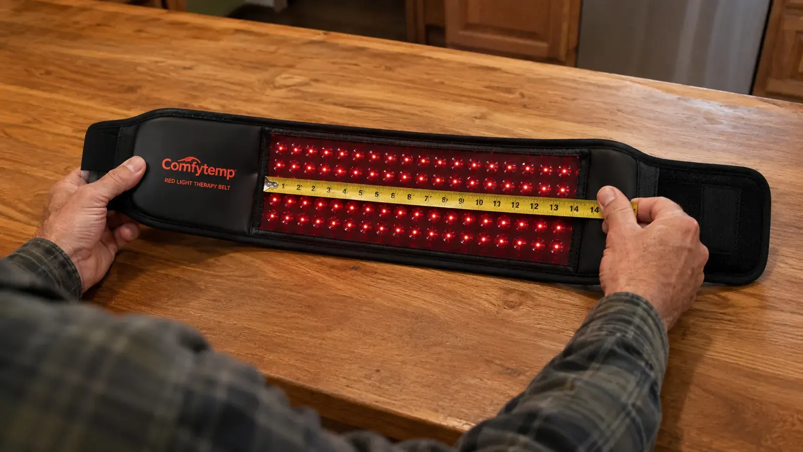 Hands measuring the LED panel width of the Comfytemp red light belt with a tape measure