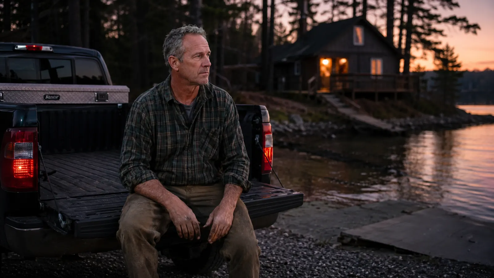 Man sitting on a tailgate near a jon boat at a lake, cord and outlet visible through a nearby cabin window