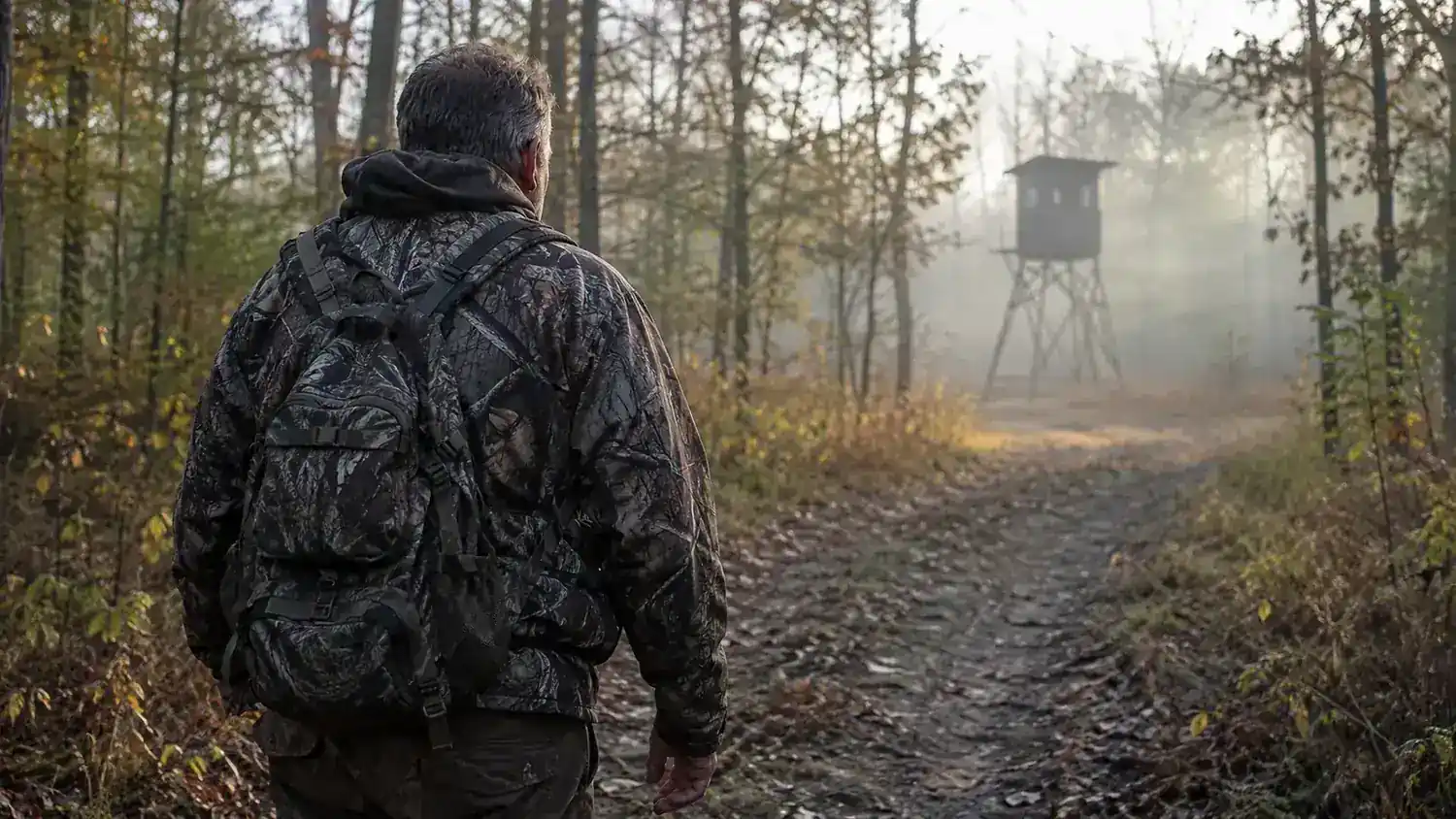 Man walking through a wooded trail at dawn carrying hunting gear, moving without a limp