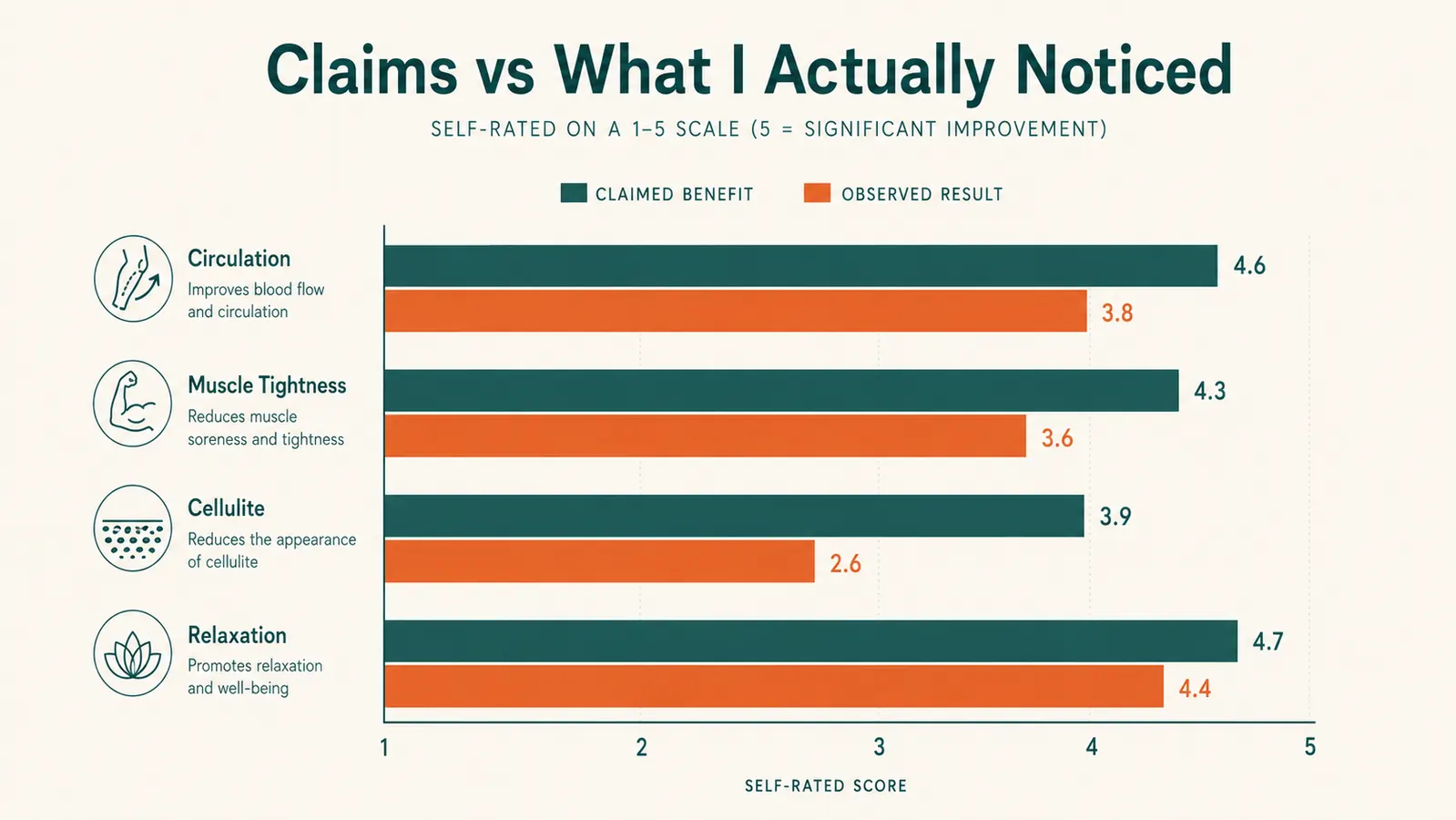 Simple bar chart comparing what the packaging claims versus what was actually noticed after three months of use