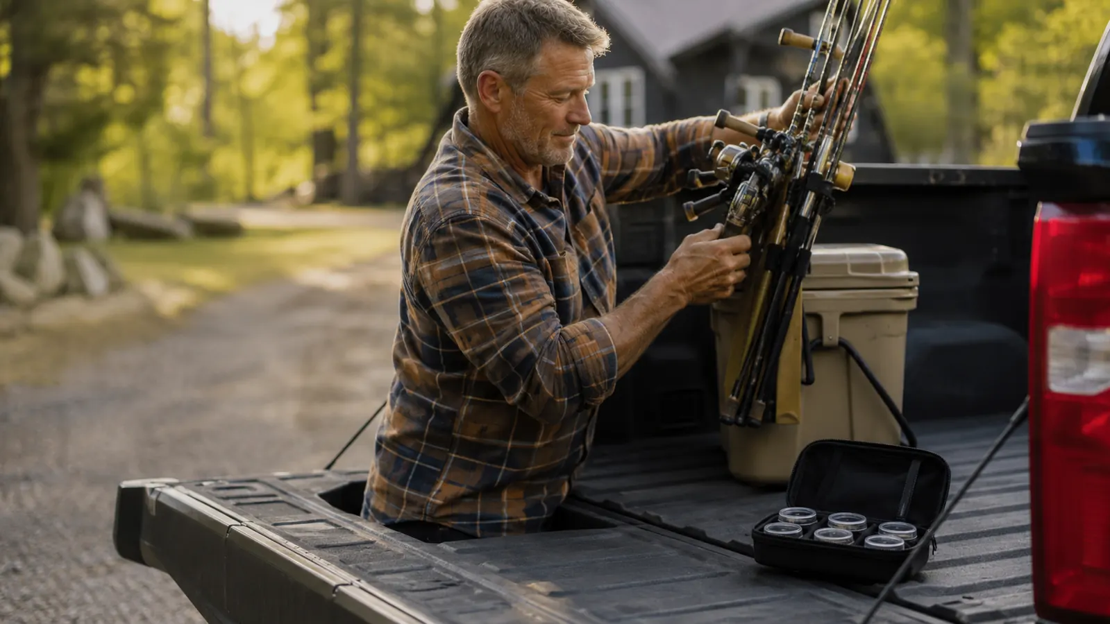 Man loading fishing gear into a truck bed with a small cupping set case sitting on the tailgate