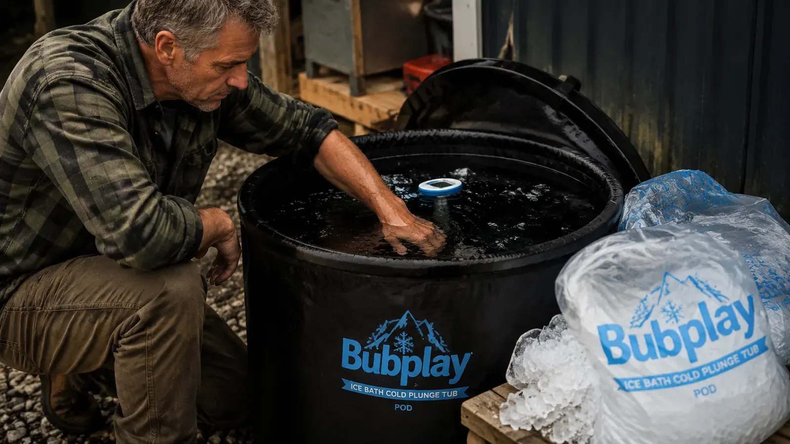 Hand testing water temperature in the Bubplay cold plunge tub with a floating thermometer