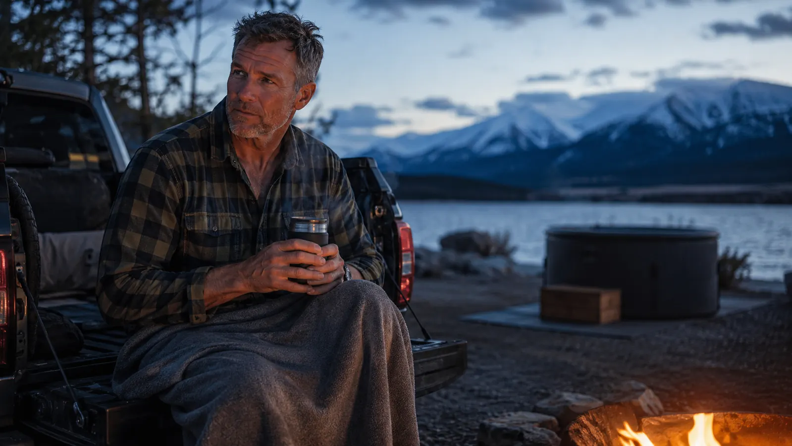 Man wrapped in a towel warming up by a truck tailgate with a thermos after a cold plunge