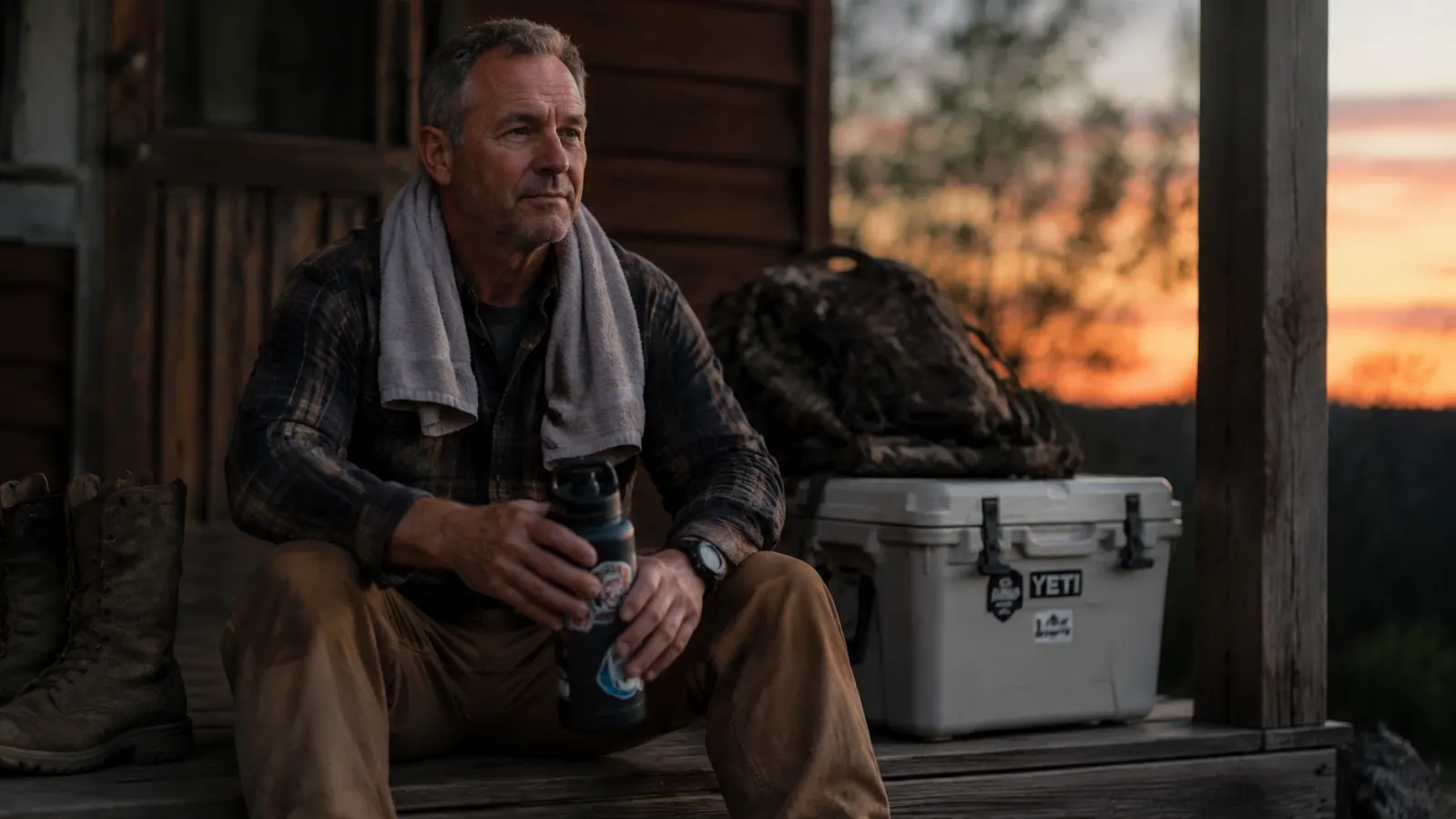 Man sitting on a porch with a water bottle and towel after a sauna blanket session, hunting gear nearby