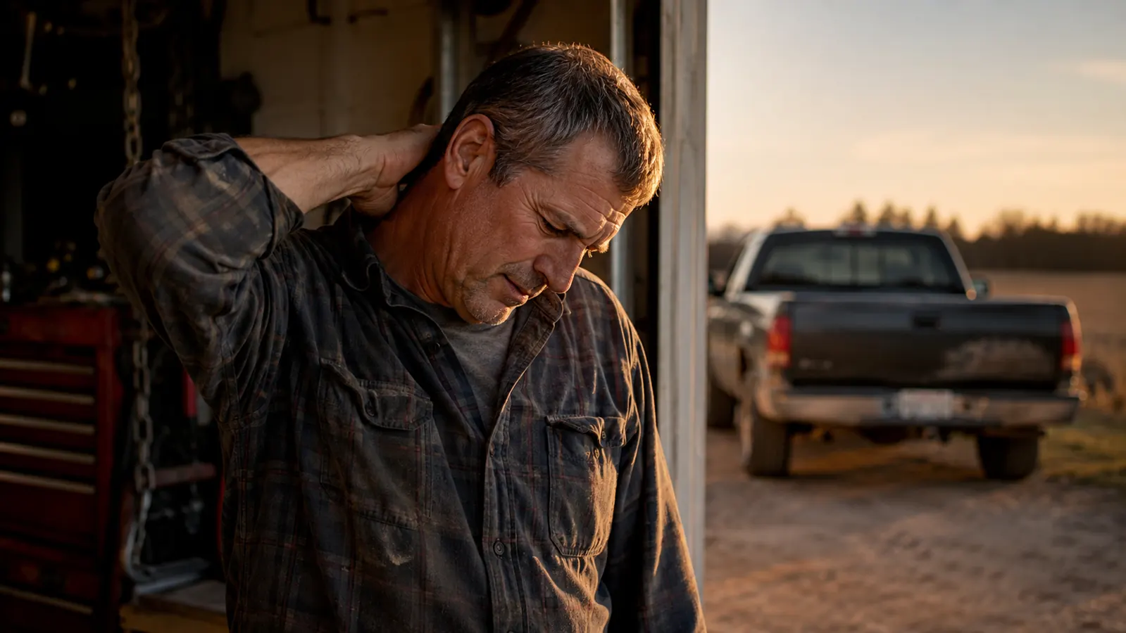Man doing a slow neck stretch in a garage before starting a massager session, work truck visible outside