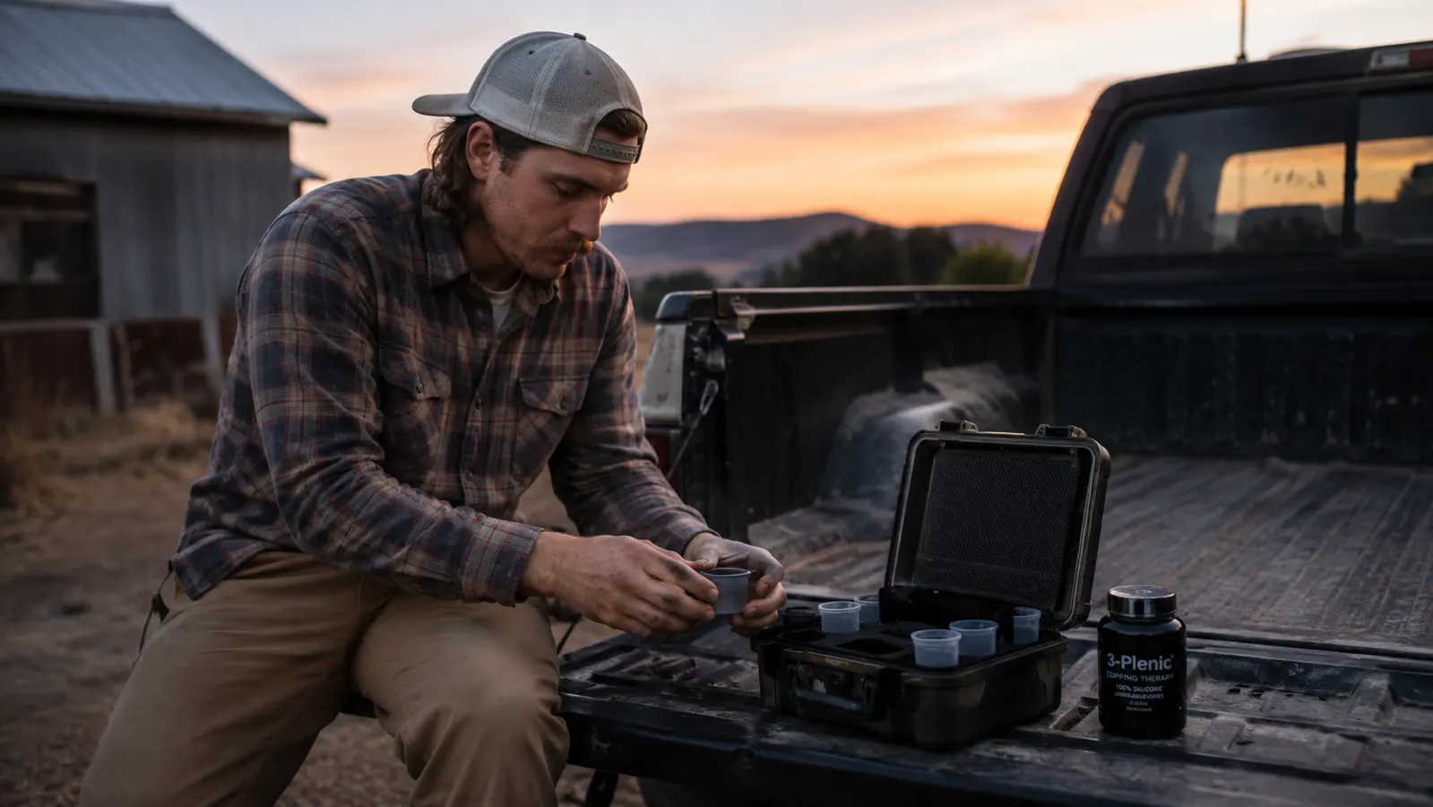 Man sitting on a tailgate at dusk after a long day, cupping set case open beside him