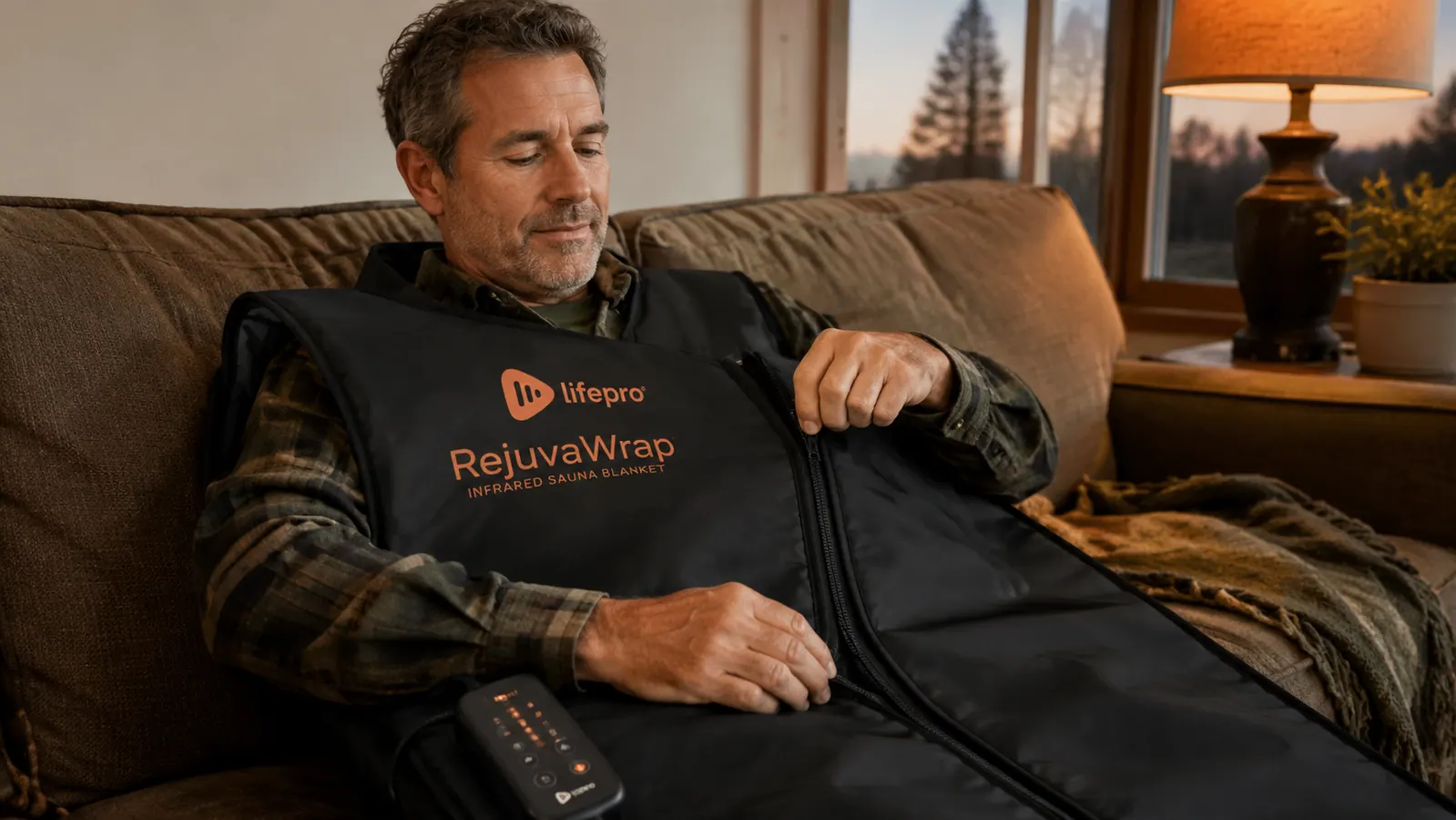 Man unrolling and plugging in an infrared sauna blanket on a couch after a work shift