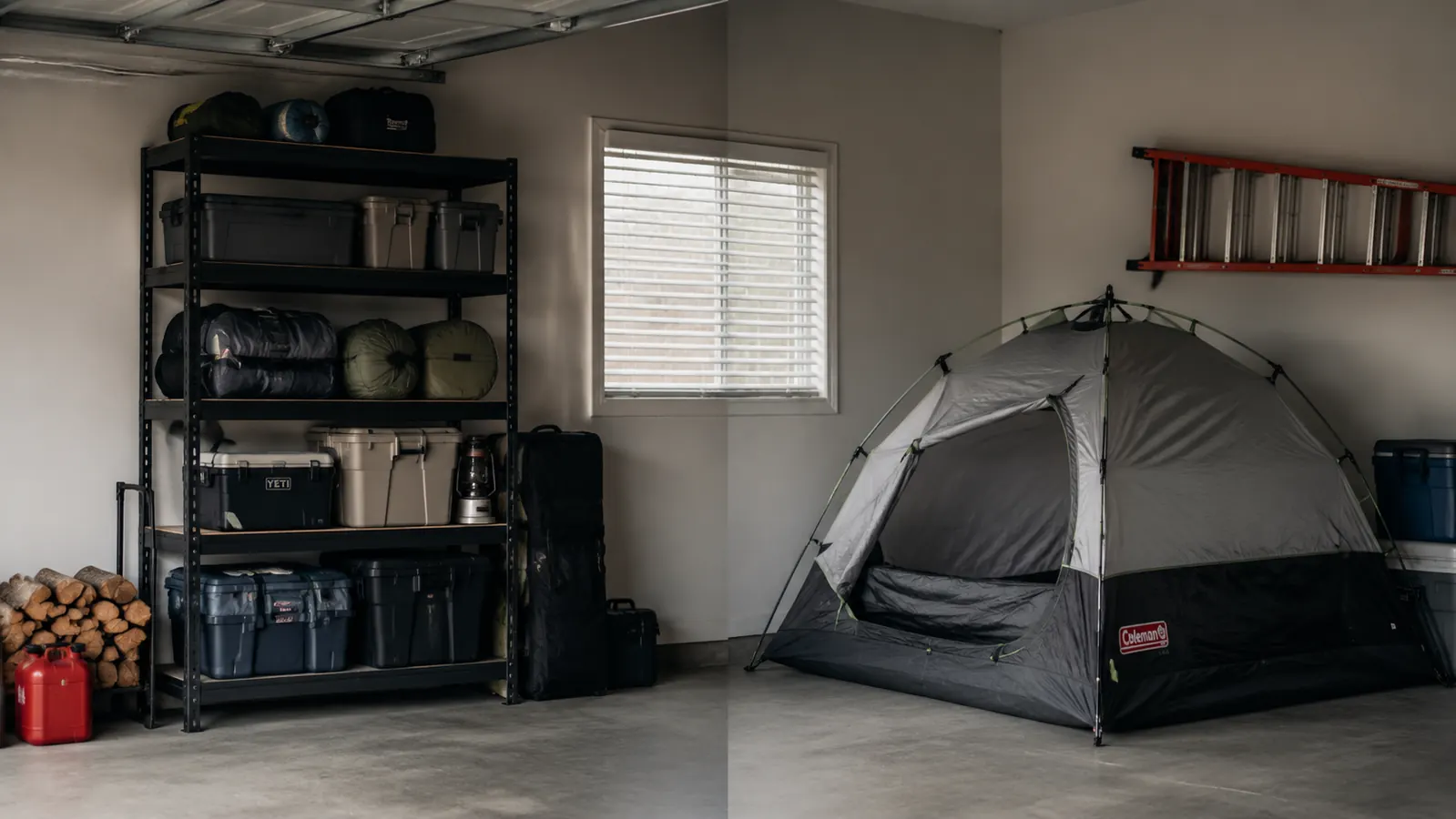 Two garage corners side by side, one with a rolled blanket on a shelf, one with a pop-up tent frame set up permanently