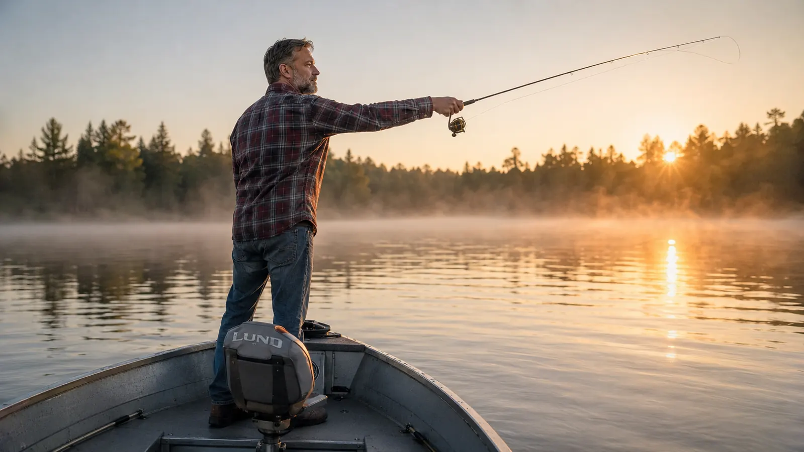 Same man now standing at the bow of a small fishing boat at sunrise, casting a line, loose and upright posture