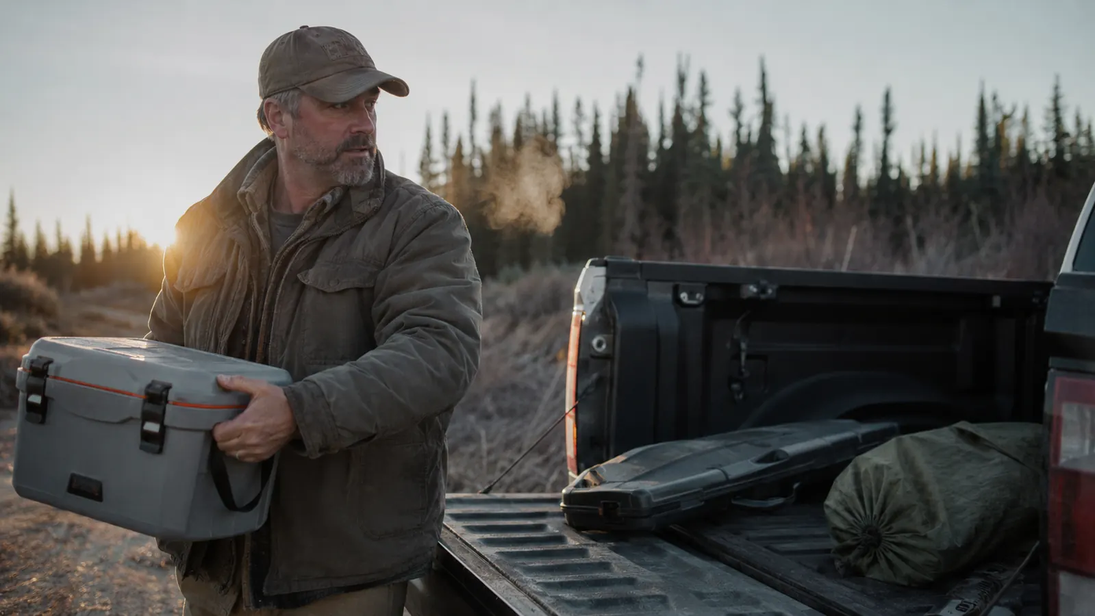 Man loading a truck bed with camping and hunting gear on a cool morning, moving easily