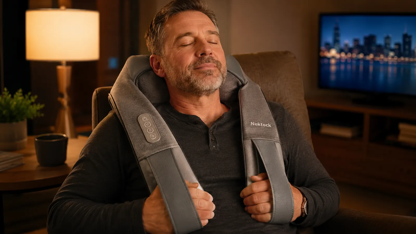 Man seated in a recliner using a gray shiatsu neck and shoulder massager draped over his shoulders