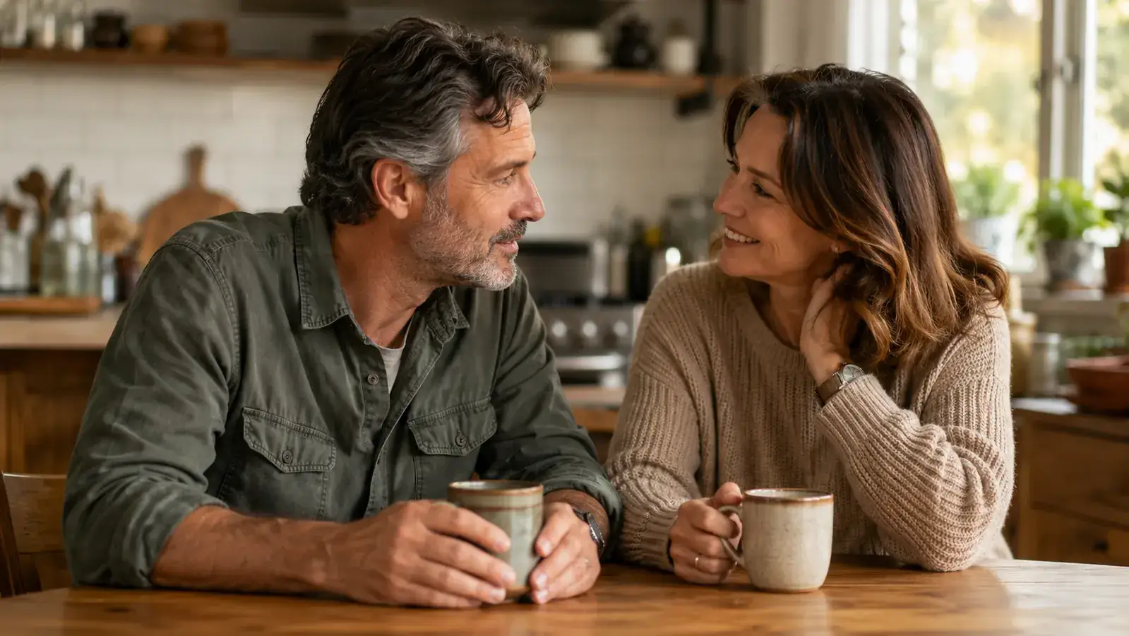 Man and his wife at a kitchen table with coffee, morning light through the window