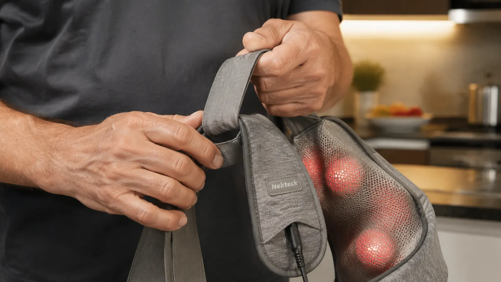 Close-up of hands adjusting the strap on the Nekteck shiatsu massager before draping it over the shoulders