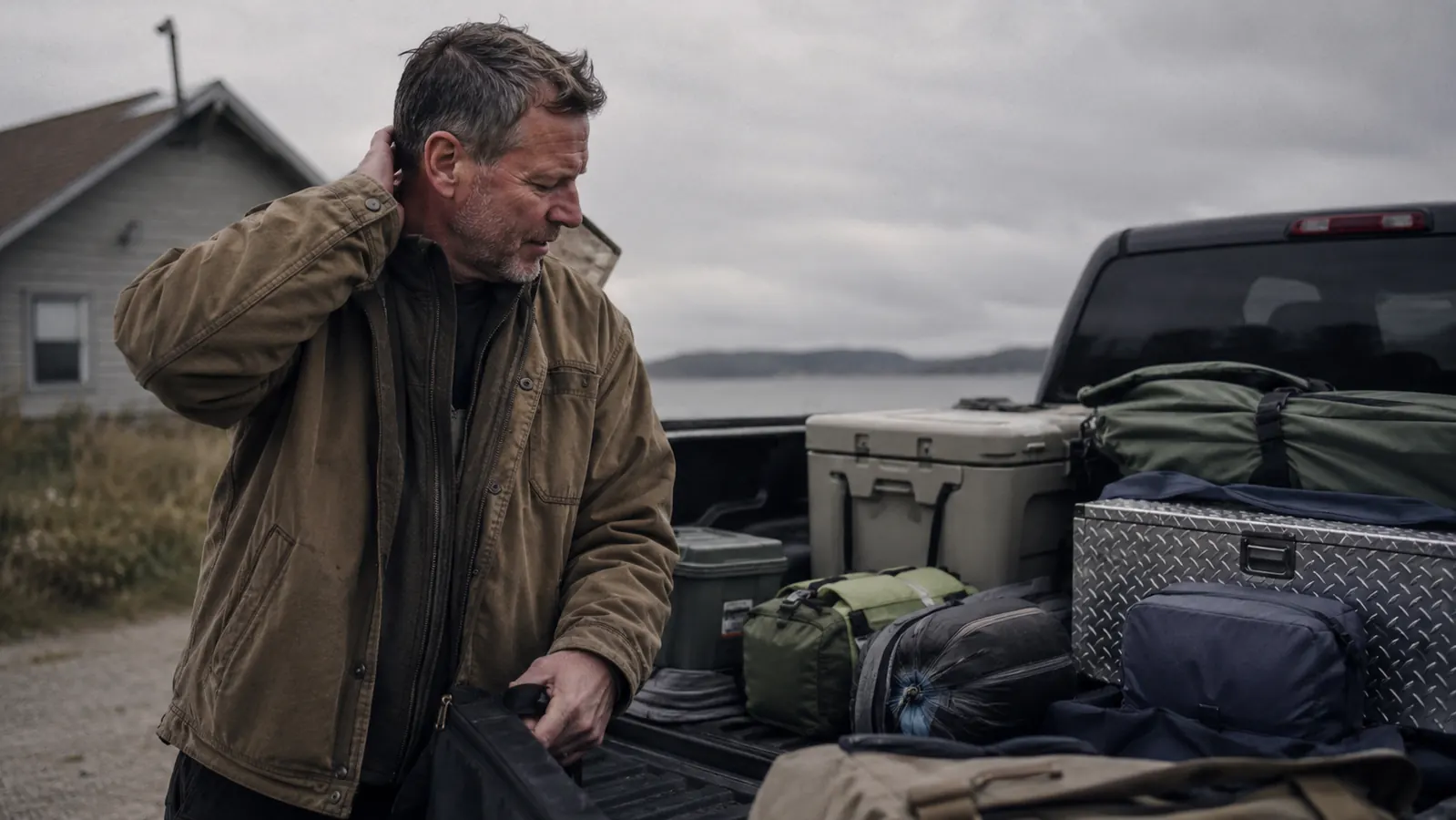 Man loading a truck bed with camping gear on a Saturday morning, rubbing the back of his neck