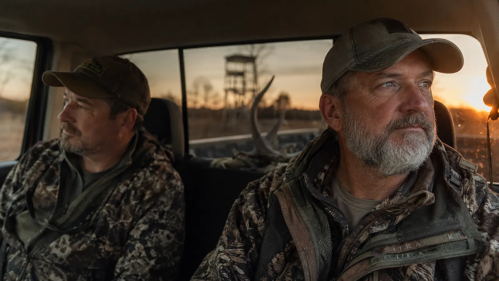 Two men in a pickup truck cab at dusk after a hunting trip