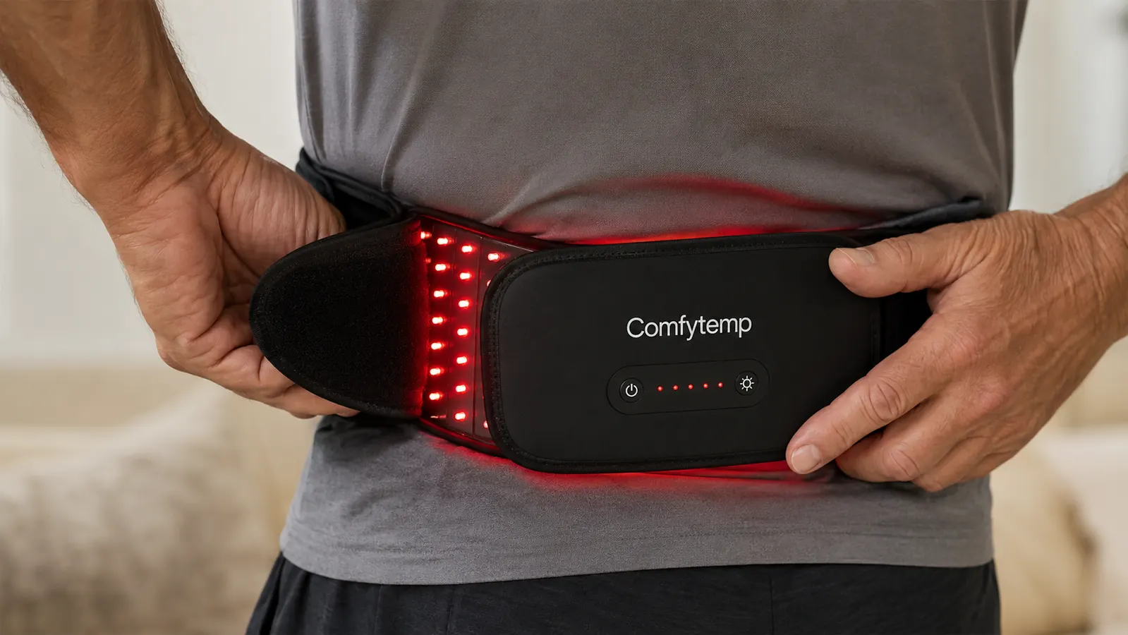 Close-up of hands adjusting the red light therapy belt strap around a waist, red LED panel visible and lit