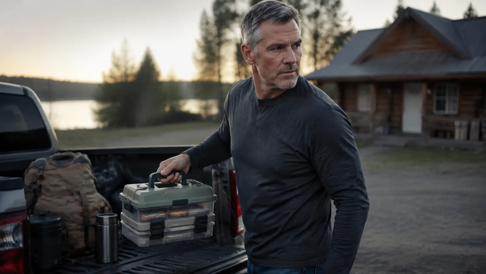 Man loading fishing gear and a tackle box into the bed of a pickup truck at dawn, moving without obvious stiffness