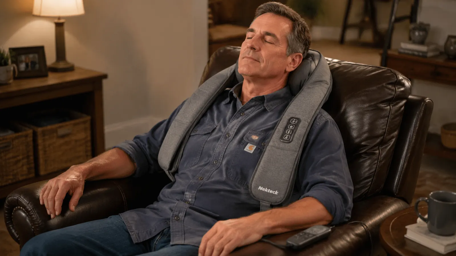 Man in a work shirt sitting back in a recliner with the gray Nekteck shiatsu massager wrapped around his neck and shoulders, cord running to a wall outlet